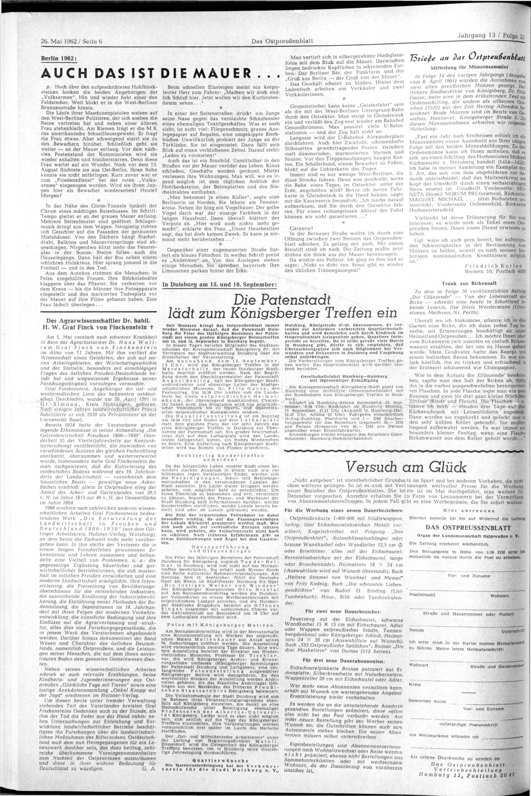 26. Mai 1962/ Seite 6 Das blatt Jahrgang 13 / Folge 2i Berlin 1962: AUCH DAS IST DIE MAUER... p. Hoch über den aufgeschichteten Hohlblocksteinen hocken die beiden Angehörigen der Volksarmee".