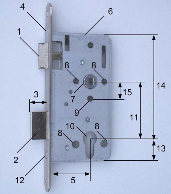 Montage-Voraussetzunge SafeKey-Türzylinder ZEL Einsteckschloss für gefälzte Türen nach DIN 18251 Teil 1 (Vollblatttüren) Bild 1 Einsteckschloss für gefälzte Türen 1 Falle 2 Riegel 3 Riegelausschluss