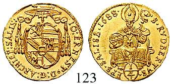 Rudbertus mit Krummstab und Salzfass von vorn. Gold. Friedb.813; Probszt 1624.
