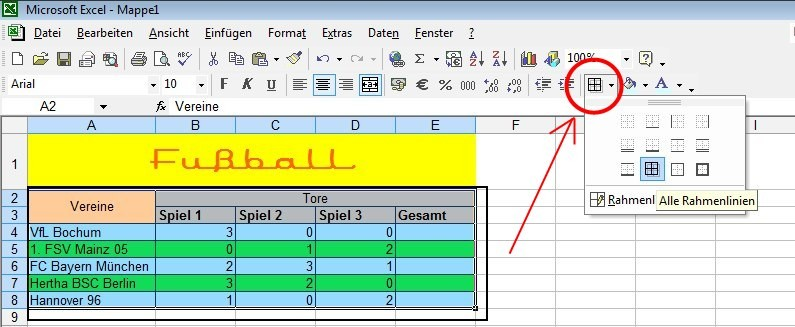 Vielleicht noch B3 bis E8 markieren und Zentrieren? Wie auch immer, jetzt kommen wir zu den Formeln in Excel.