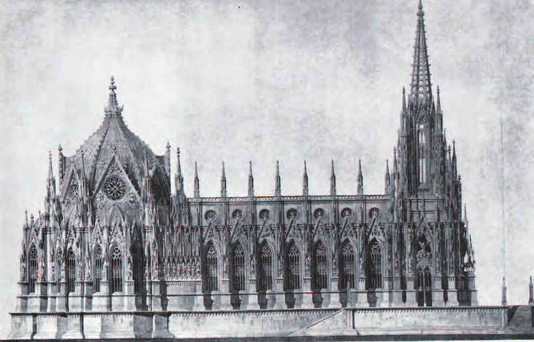 Karl Friedrich Schinkel formulierte seine Idealvorstellungen von einem Kirchenbau nach den siegreich beendeten Befreiungskriegen von 1813 in Plänen für einen phantastisch großen Dombau in einem