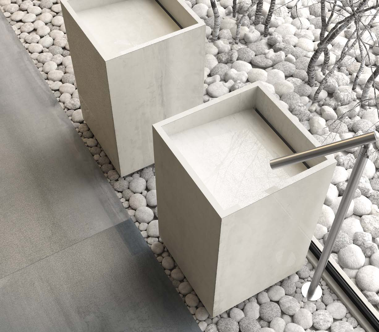 Porcelaingres is proud to offer a range of bathroom furnishing ideas. Even objects like washbasins and shower trays can be created using slim 6 mm grès porcelain slabs.