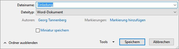 die ersten Wörter aus dem eingegebenen Text für den Namensvorschlag. Sie müssen diesen Vorschlag von Word nicht übernehmen. In diesem Ordner wird die Datei gespeichert.