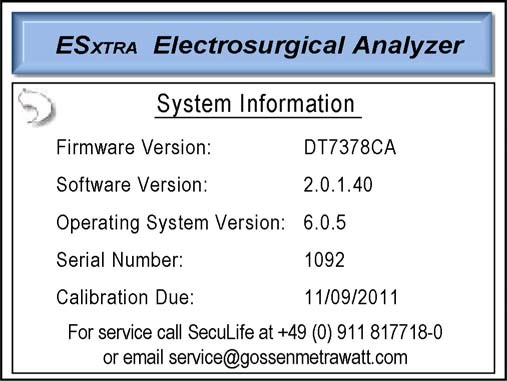 Systeminformation (System Information) Die Anzeige für Systeminformationen wird durch das Drücken der auf dem Hauptbildschirm befindlichen Titelleiste des SECULIFE ESXTRA sichtbar.