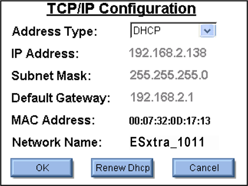 Netzwerkbetrieb Der Netzwerkbildschirm zeigt die aktuellen Netzwerkinformationen und ermöglicht es dem Benutzer den Modus DHCP (automatisch) oder den Modus Statische IP-Adresse auszuwählen.