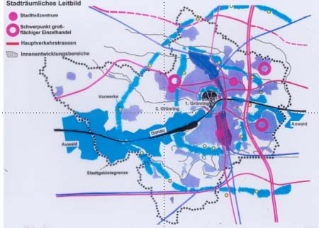 - 4 Die dezentrale Verteilung der Standorte für großflächige Einzelhandelsbetriebe ist in nachstehender Karte als stadträumliches Leitbild dokumentiert.