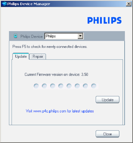 Die Softwareanwendung Philips Device Manager überprüft, ob Firmware-Aktualisierungen im Internet verfügbar sind.