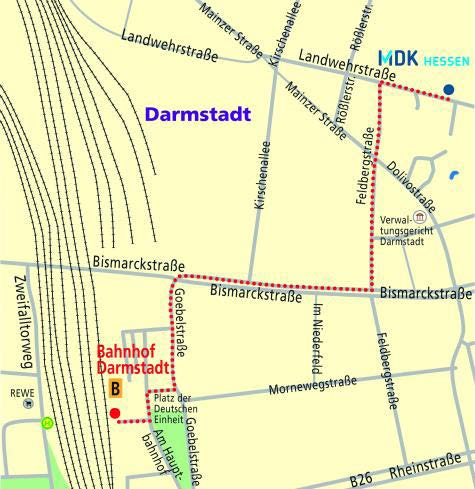 Geschäftsstellen des MDK Hessen Darmstadt Start: Bahnhof Darmstadt / Platz der Deutschen Einheit Ziel: Feldbergstraße 80, 64293 Darmstadt Gesamtstrecke: 1,6 km 1.