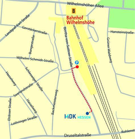 Kassel Start: Bahnhof Kassel-Wilhelmshöhe / Parkdeck West Ziel: Bertha-von-Suttner-Straße 1-3, 34131 Kassel Gesamtstrecke: 350 m Nach Ankunft am Bahnhof Kassel-Wilhelmshöhe benutzen Sie den