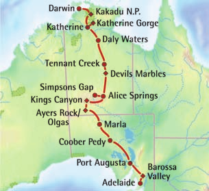 Von Alice Springs geht es dann in das grüne Top End mit dem einzigartigen Kakadu Nationalpark. Reiseprogramm (Änderungen vorbehalten) 1. Tag: Adelaide.