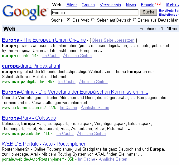 Abbildung 3: Beispielhafte Darstellung einer Ergebnisliste (http:www.google.de am 17.06.2005) Suchbegriff Ergebnisse Die Relevanz einer Webseite wurde anhand von vier Kriterien bestimmt: 1.