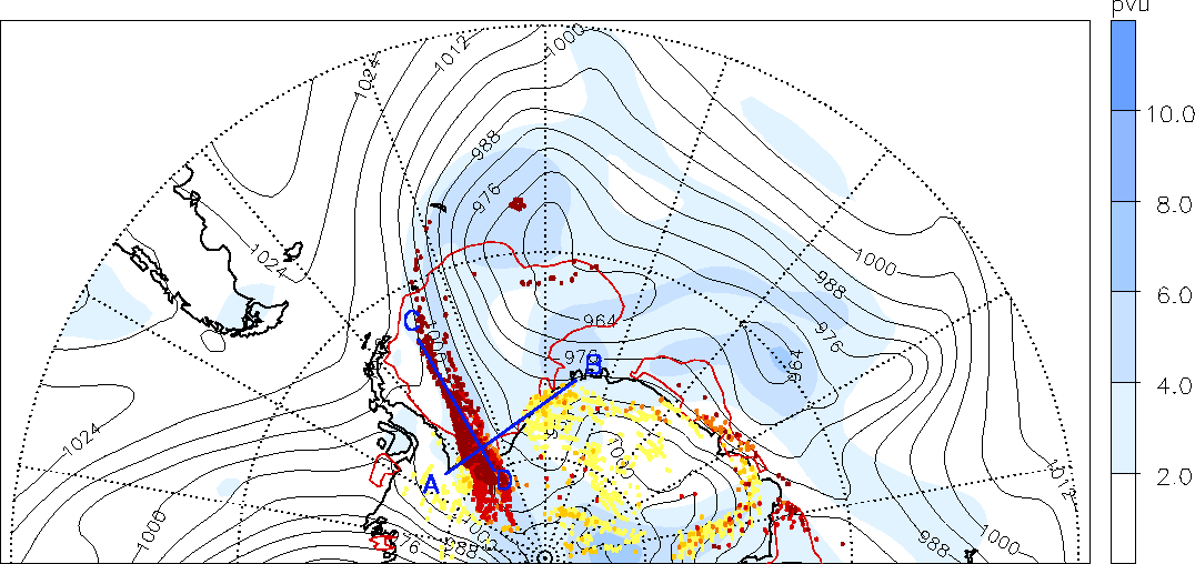 10 zeigt die Querschnitte durch die Atmosphäre von A nach B (Vergleich Abbildung 5.8). Zum ersten gezeigten Zeitpunkt befindet sich hier der betrachtete Luftstrom zwischen line node 10 und 30.