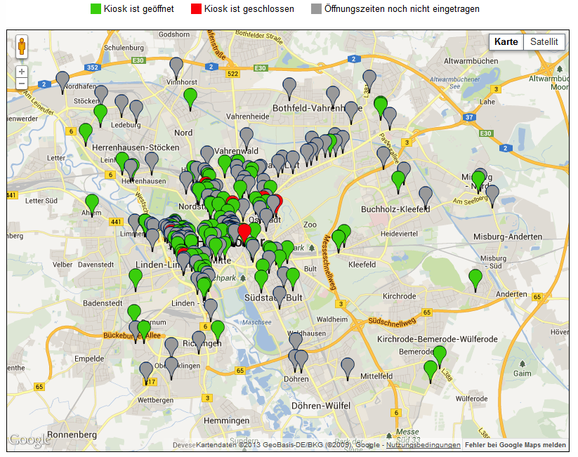 Quelle: Kioskguide Hannover 2013. Abbildung 2: Karte der Kiosklandschaft in Hannover In der vorliegenden Arbeit konnten in Hannover insgesamt 341 Kioske identifiziert werden.