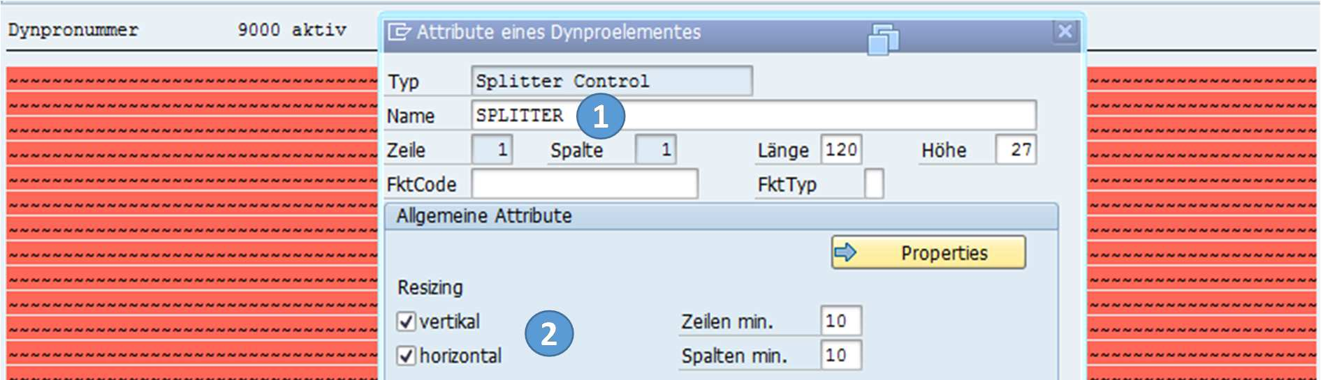 Abbildung 5: Eigenschaften des Splitter-Controls Wie aus Abbildung 5 ersichtlich, sind einige Elemente des angezeigten Pop-Ups mit Nummern versehen.