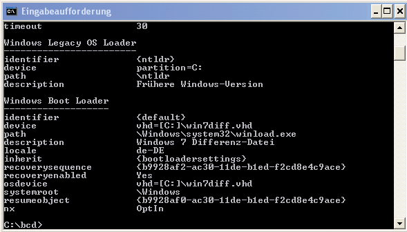 c:\bcd in den Ordner, in dem das Konfigurationsprogramm für den Boot-Manager Bcdedit liegt. Lassen Sie sich die Boot-Konfiguration mit bcdedit anzeigen.