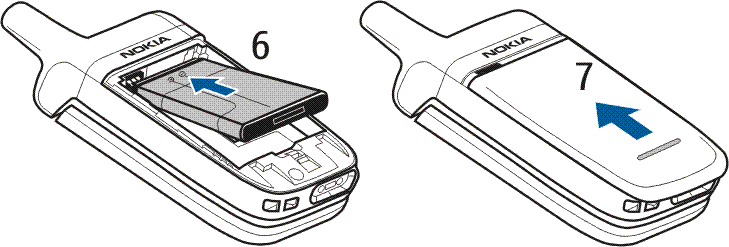 Setzen Sie den Akku wieder ein (6). Achten Sie auf die richtige Position der Kontakte des Akkus. Verwenden Sie stets Nokia Original-Akkus.