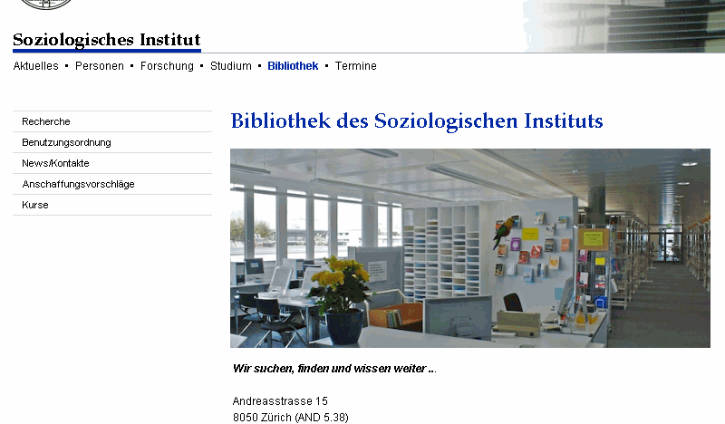 Bibliotheken in Zürich Soziologie-Bibliothek / Website www.suz.uzh.