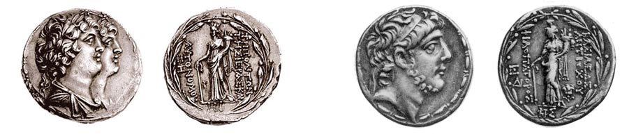 Abb. 24 Abb. 27 Tetradrachme von Tripolis (J. 18 = ca. 80 v.chr.) Tetradrachme, Münzstätte Tripolis (105/4 v.chr.) Dioskuren / Tyche Antiochos IX.
