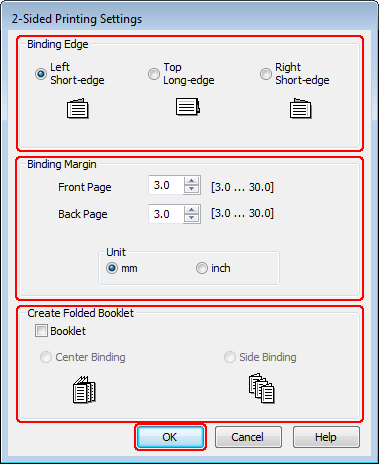 Drucken C Klicken Sie auf Settings (Einstellungen), um das Dialogfeld 2-Sided Printing Settings (Duplexdruck-Einstellungen) zu öffnen.