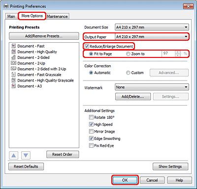 Drucken Die Funktion Fit to Page (Passend auf Seite) ändert automatisch die aktuelle Seitengröße auf das eingestellte Papierformat. Sie können die Seitengröße auch manuell ändern.