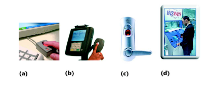 a) Fingerabdruck-Verifikationssystem für die Zugangskontrolle am Rechner b) Terminal basierend auf Fingerabdrücken zur Verifikation von Kunden, bevor Kreditkarten belastet werden.