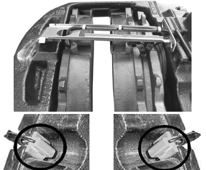 Der Sensor muss korrekt in den Bremsbelag eingesteckt sein Die Kabelseite der Fühler muss jeweils zur Bremsscheibe zeigen 40 41 Legen Sie neuen Bremsbelag (35) auf der Felgenseite ein.