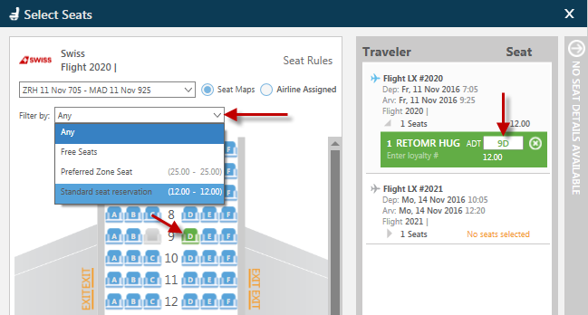 Reservieren Sie die Sitzplätze Kabinenplan des ersten Fluges mittels Klick auf die Buchungsklasse