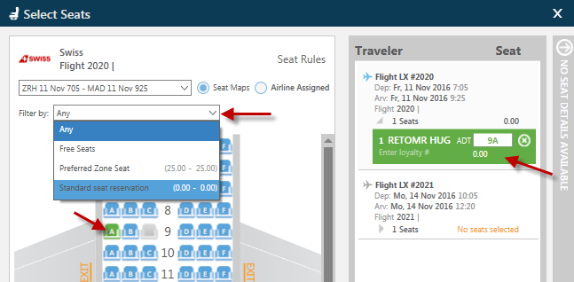 Reservieren Sie die Sitzplätze Kabinenplan des ersten Fluges mittels Klick auf die Buchungsklasse