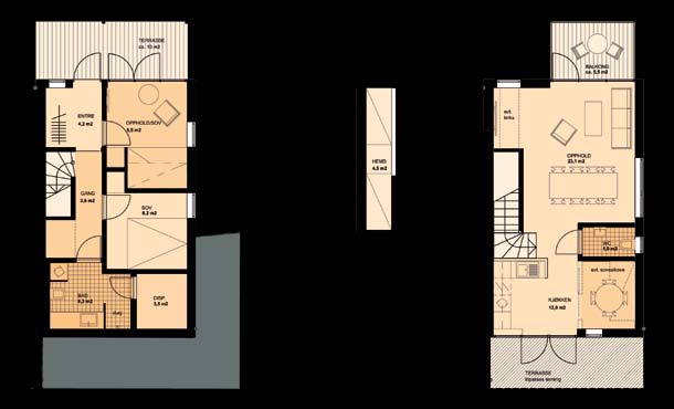 C2-85 m 2 Hier bei Modell C2 befindet sich die Diele im Erdgeschoss. Auch hier kann man zwischen einem oder zwei Schlafzimmern wählen, eventuell ein zusätzliches Wohnzimmer mit Ausgang zur Terrasse.