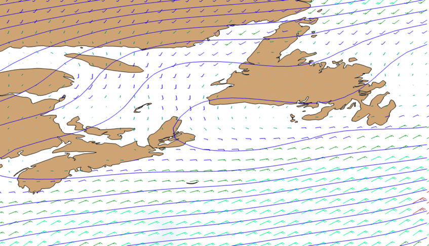 Über Neufundland entwickelt sich ein Hoch, das sich bis nach Neuschottland ausweitet. Die Windlage am 17.06.