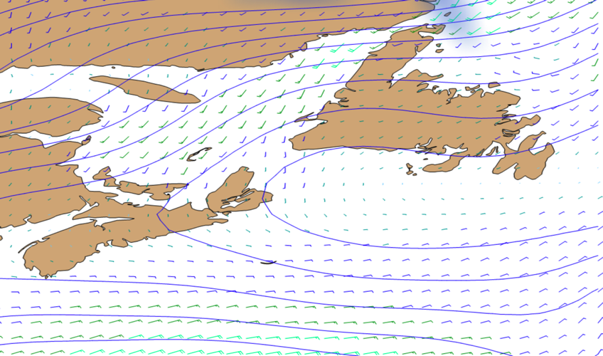 Die vormals stationären Tiefs ziehen nach Osten, östlich von Neufundland entwickelt sich ein Hoch. Die Windlage am 18.06.