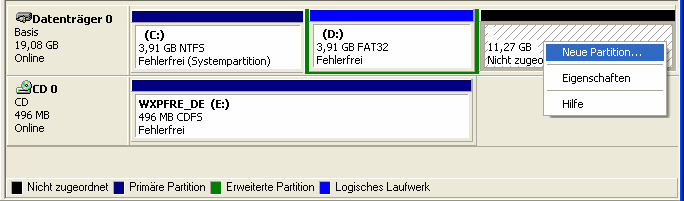 Verwalten eines Basisdatenträgers C: Primäre Partitionen C: D: D: E: F: Bis zu vier primäre
