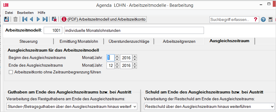 Register»Arbeitszeitgrenzen«: Keine Stundenobergrenze. 6. Register»Ausgleichszeitraum«: Ausgleichszeitraum festlegen.