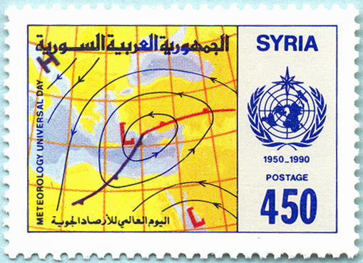 - 43 - tensymbole, wie oben beschrieben, zeigen die die Warm- und Kaltfronten auf dieser Briefmarke, aber zusätzlich ist die Kaltfront blau und die Warmfront rot markiert.