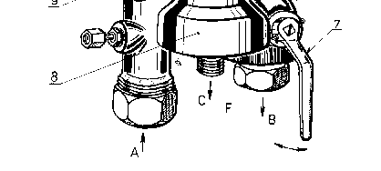 zrýchľovacej záklopky, 7 - rukoväť uzatváracieho kohúta do hlavného potrubia, 8 - teleso brzdiča, 9 - príložka (vačka), 10 - príložka s výrezom A - prívod od