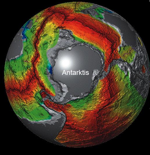 Ozeanische Spreizungszentren, welche Ringförmig um die Antarktis verlaufen, was die
