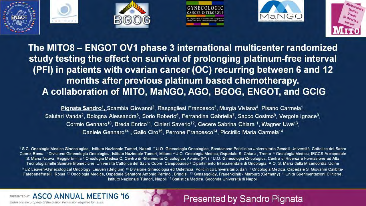 The MITO8 ENGOT OV1 phase 3 international multicenter randomized study testing the effect on survival of prolonging platinum-free interval (PFI) in patients with