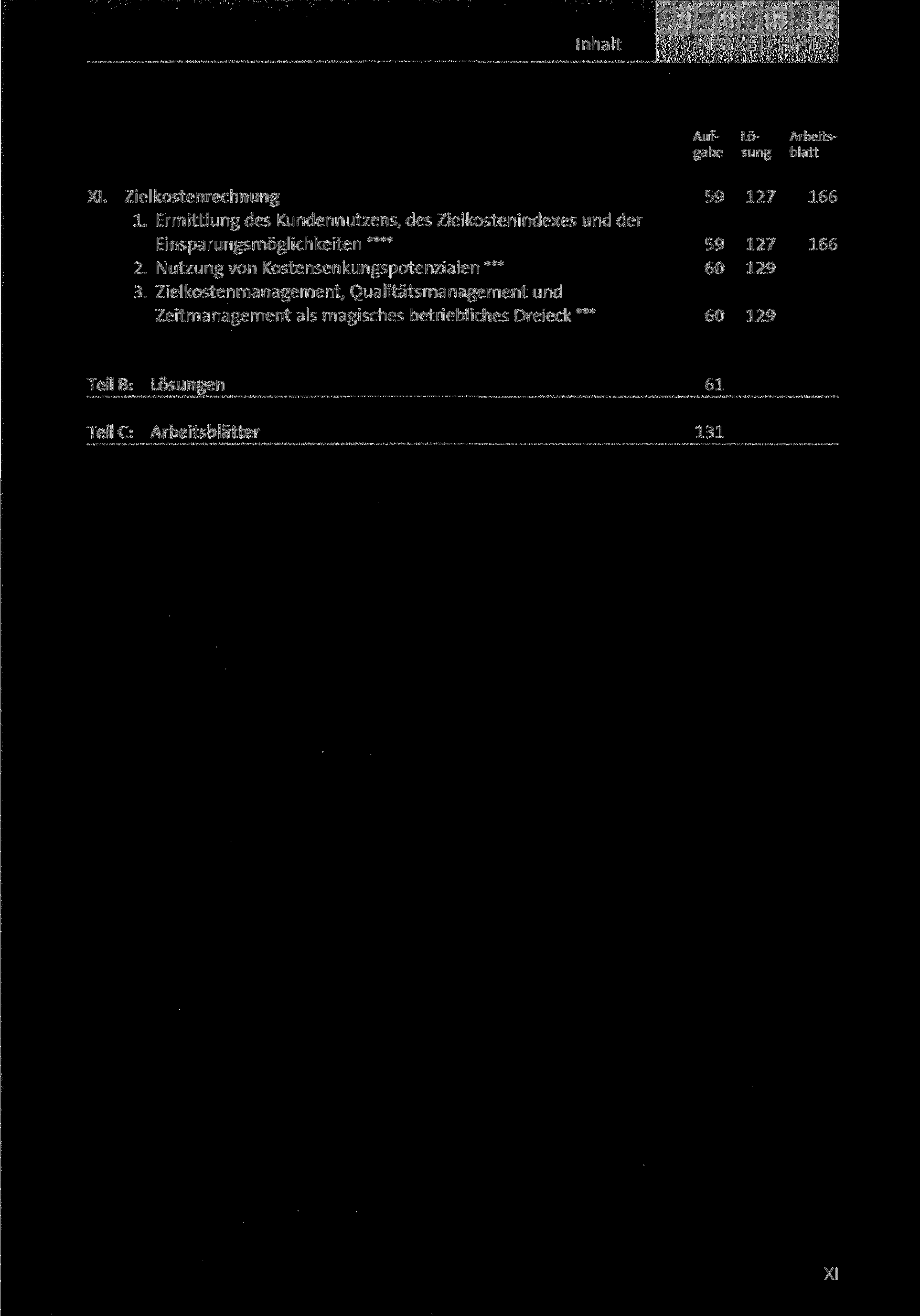 Inhalt VERZEICHNIS XI. Zielkostenrechnung 1. Ermittlung des Kundennutzens, des Zielkostenindexes und der Einsparungsmöglichkeiten **** 2. Nutzung von Kostensenkungspotenzialen *** 3.