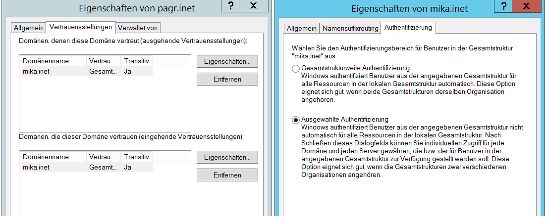 Selektive Authentifizierung Ändern Sie die Vertrauensstellung in domain.msc und stellen Sie Selektive Authentifizierung ein (wie im Screenshot) in beiden Richtungen.