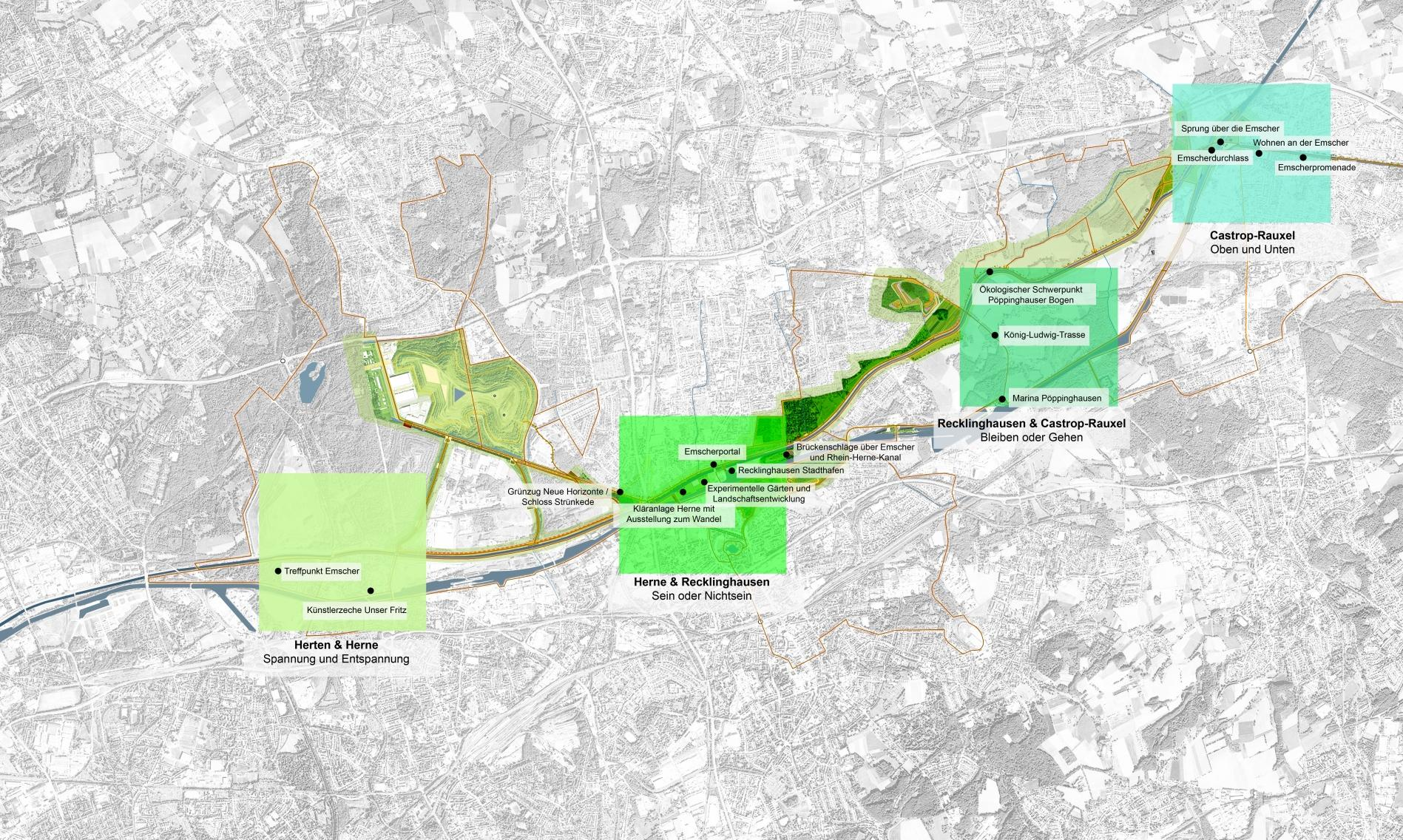 Die Schaufenster des Wandels Pilotprojekt der Emscherland 2020-Strategie: Der Raum der Gartenschau-Bewerbung mit den prioritären Projekten Wasser Landschaft Natur- und Wasser-Erlebnispark