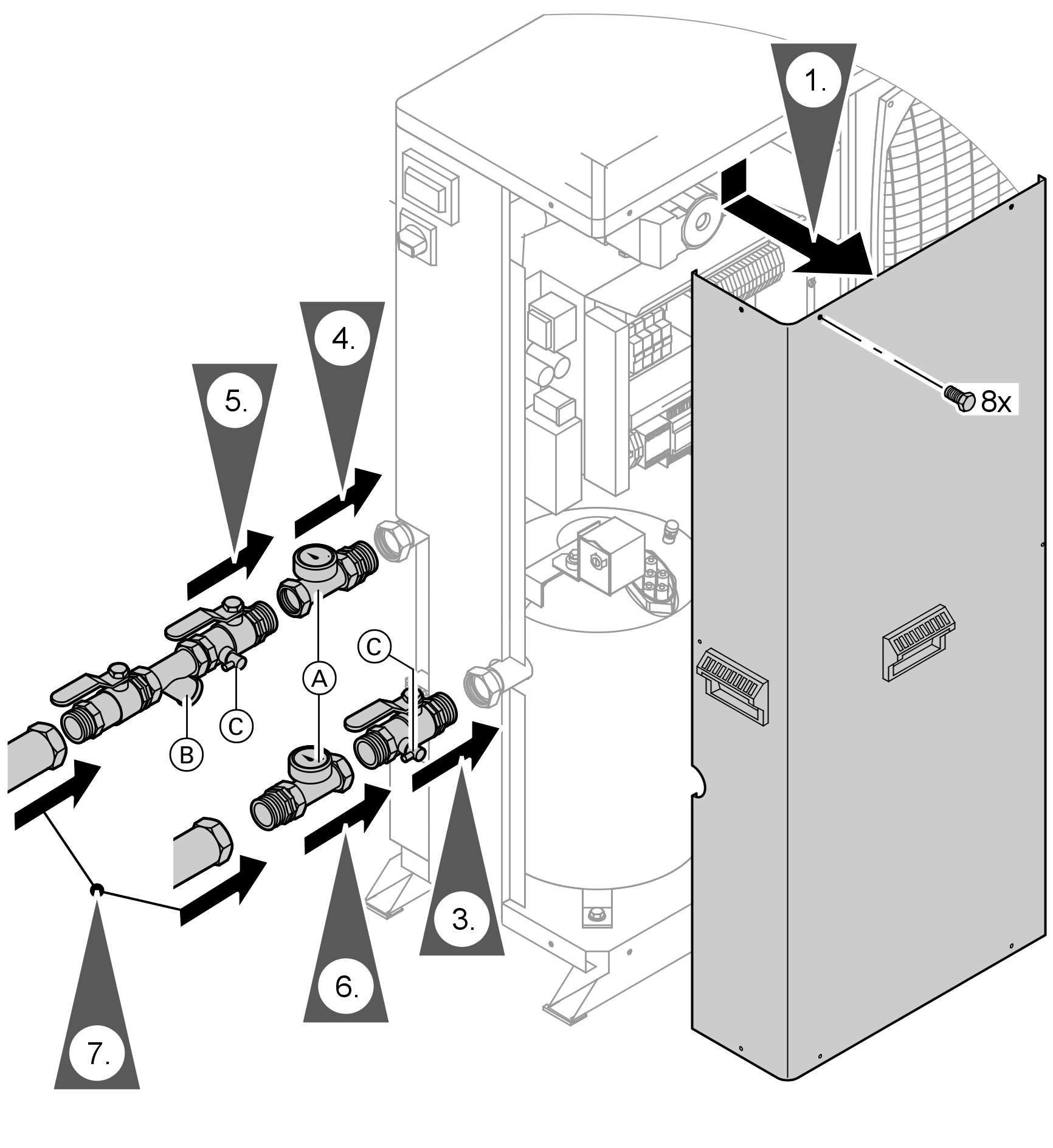 Montageablauf Gerät hydraulisch anschließen (Fortsetzung) Hydraulischen Anschluss ausführen Montage A Für den Außenbereich geeignete Manometer R 1 (bauseits)