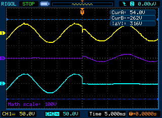 Messung der Spannung über dem Lötkolben während des Ausschaltens MIT X-Kondensator (ENDLICH!) Auch hier mußte ich etwas tricksen beim triggern.