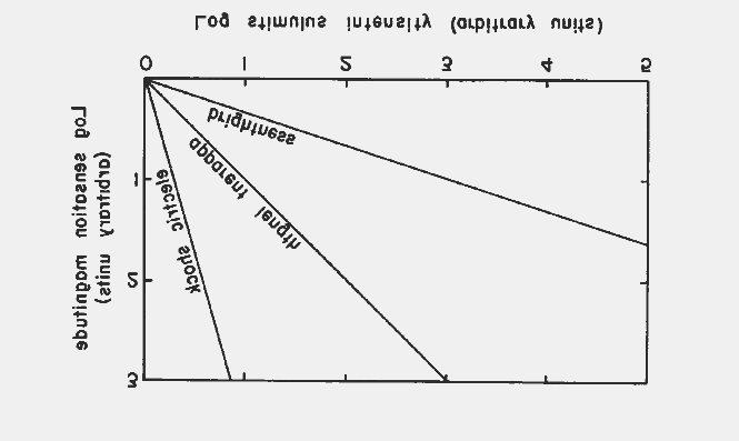 Steven s Potenzgesetz E = ki n Logarithmus der Reizintensität gegen Logarithmus der Größenschätzung abtragen alle Kurven werden zu geraden Linien Potenz n
