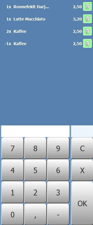 Minusbuchungen Besitzen Sie die Berechtigung, Minusbuchungen auszuführen, können Sie in der Kasse Artikel mit negativer Anzahl buchen. Im Tastaturfeld sehen Sie nach der Anmeldung eine Minustaste: -.
