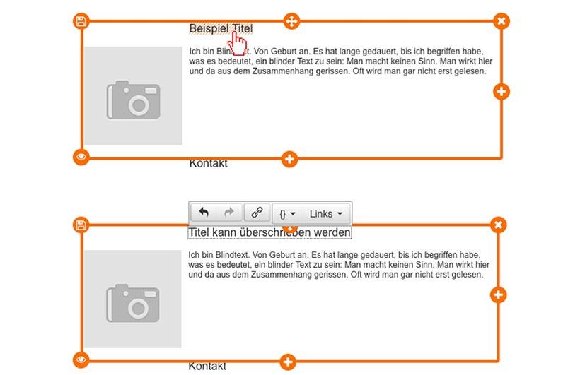 Wenn Sie mit der Maus über Text oder Bild fahren, wird mit einem schraffierten Hintergrund angezigt, dass dieser Teil bearbeitet werden kann.