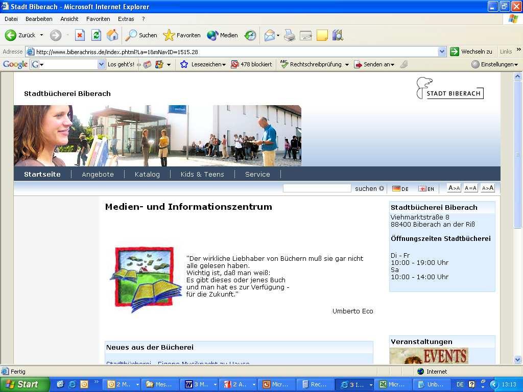 Stadtbücherei Biberach Homepage Aktuelles Angebote Online Katalog Kids & Teens