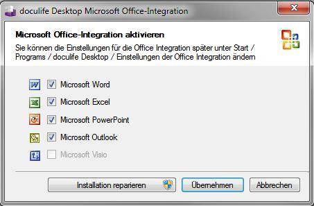 Hier können Sie nun die einzelnen doculife Office Integrationen aktivieren oder deaktivieren.