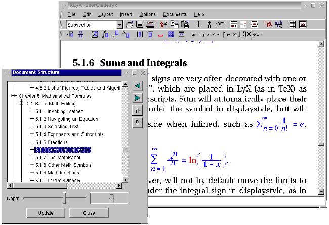 8.3 Gute Effizienz In den Textverarbeitungsprogrammen LyX und KLyX gibt es einen Formeleditor, mit dem Anfänger Formeln über ein Menü zusammensetzen können: Der fortgeschrittene Benutzer