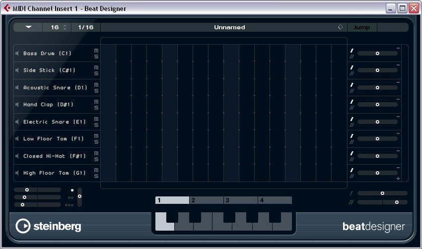Übersicht Wenn Sie den Beat Designer zum ersten Mal öffnen, zeigt das Bedienfeld 8 leere Spuren mit jeweils 16 Steps.