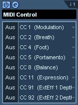 MIDI Control MIDI Echo In diesem Bedienfeld können Sie bis zu 8 unterschiedliche MIDI-Controller-Arten auswählen und mit Hilfe der Wertefelder bzw.